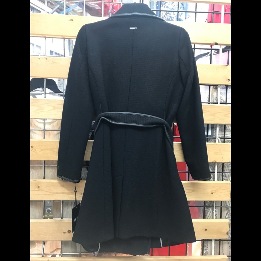 DKNY Petite Faux-Leather-Trim Wrap Coat,black,NWT - Picture 5 of 17